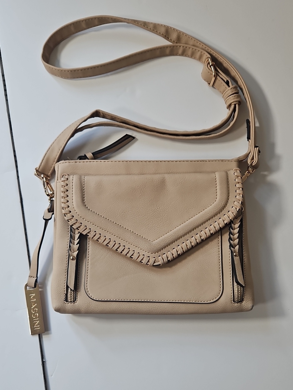 Massini Crossbody Bag Beige Blanket Stitch Edging Western Cowgirl Neutral